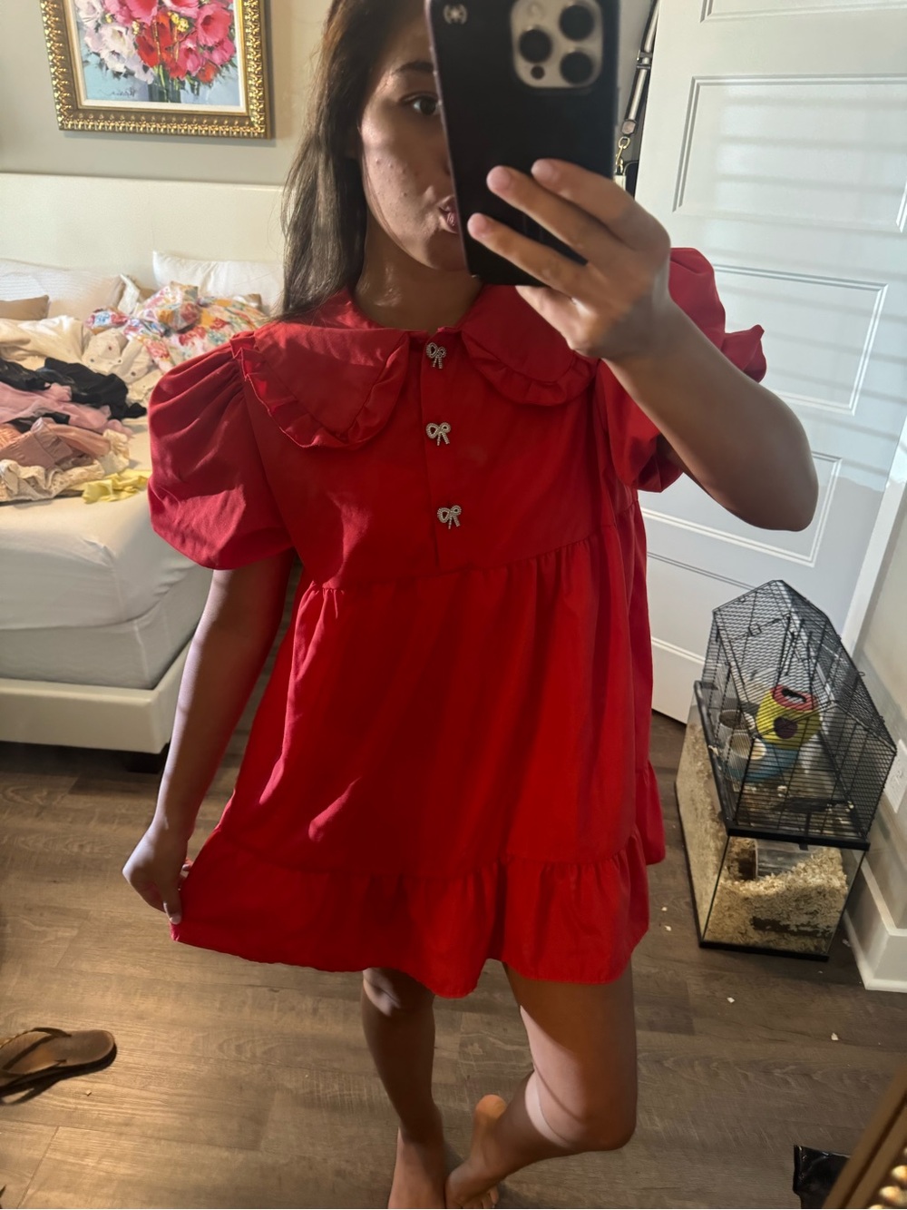 Red Puff-Sleeve Dress with Peter Pan Collar